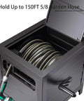 Heavy Duty Metal Garden Hose Reel Deck Box With Durable Steel Storage Cabinet Holds 150 Ft Of Five Eighths Inch Hose Manual Rewind Guide