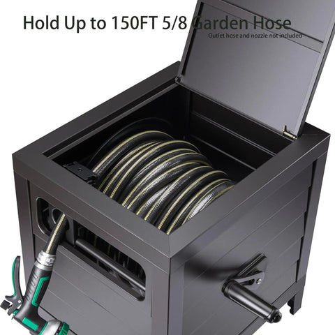 Heavy Duty Metal Garden Hose Reel Deck Box With Durable Steel Storage Cabinet Holds 150 Ft Of Five Eighths Inch Hose Manual Rewind Guide