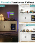 Farmhouse 60 Inch Coffee Bar Cabinet With Built In Bev Fridge And Drawer Storage, Wine Bar Cabinet With Mini Fridge, Sideboard For Dining Room Or Living Room White, showing front view with compartments.