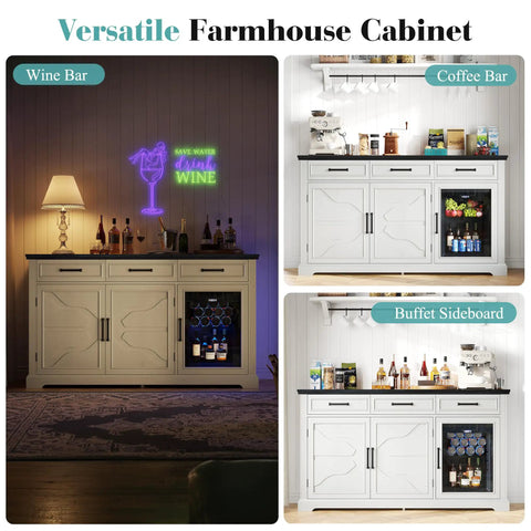 Farmhouse 60 Inch Coffee Bar Cabinet With Built In Bev Fridge And Drawer Storage, Wine Bar Cabinet With Mini Fridge, Sideboard For Dining Room Or Living Room White, showing front view with compartments.