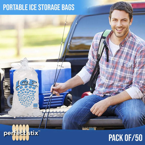 Man holding Ice Bag With Twist Tie Enclosure, 10 Lb Capacity, 50 Pack, Durable 1.5 Mil Plastic, Freezer Safe