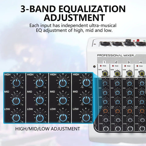 Six Channel DJ Mixer With USB MP3 Bluetooth Input, Four Mic Preamps, Built In DSP Effects, showing 3-band EQ adjustments
