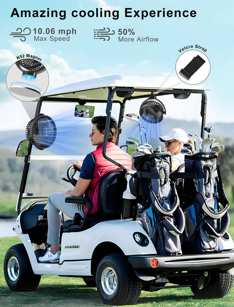 Rechargeable Magnetic Golf Cart Fan With 12000mAh Battery in use on a golf cart, showing fan placement with Velcro strap.