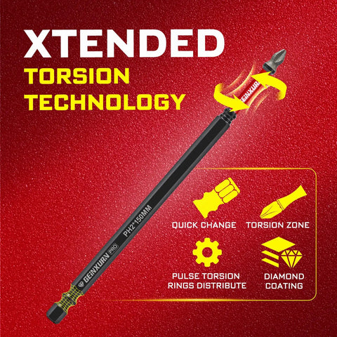 Diamond Coated Impact Screwdriver Bit Set 6 Inches PH2 Phillips 6 Pc Magnetic S2 Steel Power Driver Bits With Tubes Case on red background highlighting torsion technology features.