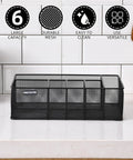 Countertop Paper Plate Organizer With 6 Compartments And Silverware Caddy on a kitchen countertop, black metal mesh