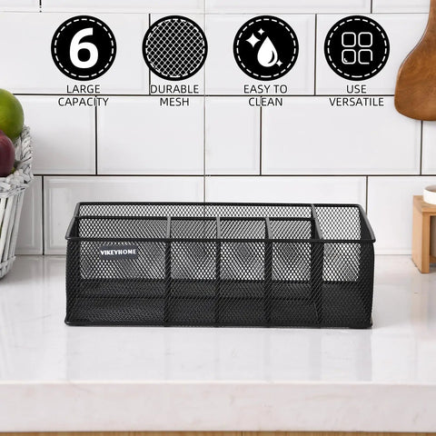 Countertop Paper Plate Organizer With 6 Compartments And Silverware Caddy on a kitchen countertop, black metal mesh