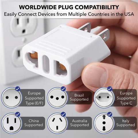 Three Pack EU To US Plug Adapters For European To American Outlets, shown held by hand, illustrating worldwide compatibility.