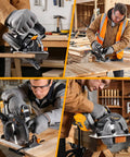 Heavy Duty 20 Volt Cordless Circular Saw Featuring Brushless Motor And 185 Mm Blade 4500 Rpm Speed with LED light in use for cutting wood.