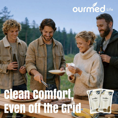 Group enjoying outdoor barbecue with On The Go Mini Water Activated Towel Tablets, Disposable Washcloths That Expand With Water, 12x10 Inch.