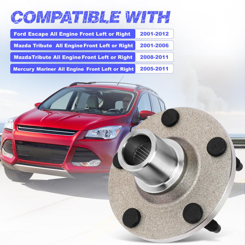 Front Wheel Hub Bearing Assembly That Fits Ford Escape Mazda Tribute Mercury Mariner Durable OEM Grade Hub Bearing Kit Ready To Roll For 2001 2012 Escape, 2001 2006 2008 2011 Tribute, 2005 2011 Mariner Replacement shown with vehicle compatibility chart.