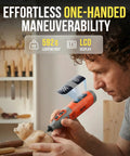 Man using Power Packed 12V Cordless Rotary Tool Kit With Brushless Motor And LCD Display, 8000 To 32000 RPM on wood carving