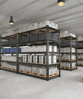 Extra Wide Heavy Duty Garage Shelving 3000 LB 5 Tier Metal Storage Rack with bins and drums in a workshop setting.