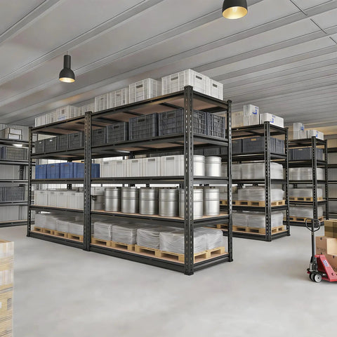 Beefy 5-Tier Heavy Duty Garage Storage Shelving Unit With Extra Wide 46 In W By 20 In D By 72 In H Boltless Steel Rack Holds Up To 3000 Lbs Total Perfect For Garage Workshop Basement Or Warehouse Organization in warehouse with totes and bins