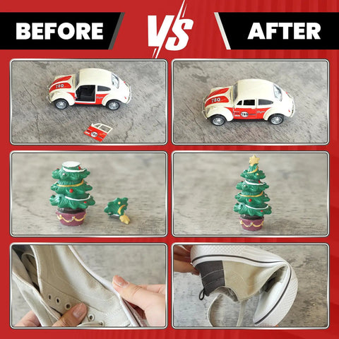 Before and after images of repaired toy car, figurine, and shoe using Heavy Duty Quick Dry Super Glue 120 Gram Clear Instant Adhesive For Wood Metal Plastic Ceramic Glass Leather Shoes And Crafts All Purpose CA Glue For Quick Fix Repairs And DIY Projects