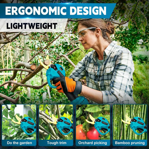 Hella Durable Brushless Pole Pruner With 8Ft Extension used by woman to trim branches in garden, featuring tough SK5 steel blades.
