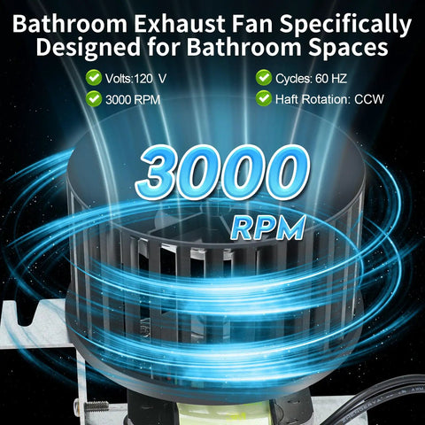 High Airflow Replacement Motor Assembly for Bathroom Exhaust Fans showing 3000 RPM speed and CCW rotation