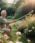Elderly man using 32 Inch Pole Pruner With Long Reach No Ladder Required For Safe Pruning One Hand Use Snip Grip Technology Lightweight Tree Trimmer Cutting One Half Inch Capacity For Roses Persimmons And Tall Branches in garden.