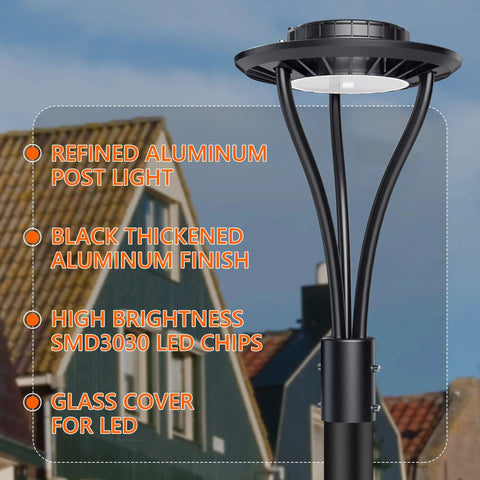 Super Bright 150W LED Post Top Light With 21000 Lumens, black aluminum finish, showcasing LED chips and glass cover