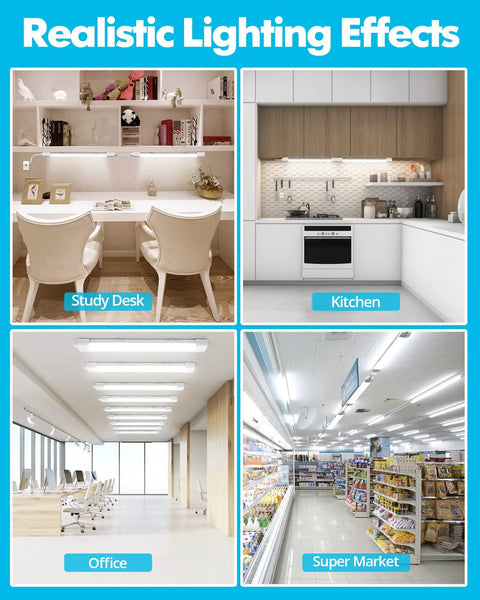 Realistic lighting effects in study desk, kitchen, office, and supermarket settings using Plug In Ceiling Light Bar Two Foot LED Tube 5000K.