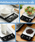 Waterproof Pro Grade Digital Kitchen Scale With IP67 Rating 10Kg Capacity 0.1g Precision Type C Rechargeable 304 Stainless Steel Platform Tare And Counting Functions For Baking Cooking And Meal Prep Easy Clean showing various ingredients