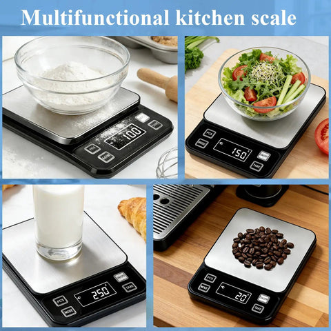 Waterproof Pro Grade Digital Kitchen Scale With IP67 Rating 10Kg Capacity 0.1g Precision Type C Rechargeable 304 Stainless Steel Platform Tare And Counting Functions For Baking Cooking And Meal Prep Easy Clean showing various ingredients