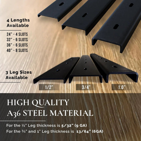 Heavy Duty Extra Wide 3 Inch C Channel Table Stiffeners Set Of 2 For Live Edge And Solid Wood Tables, 1/2 Inch Legs, Black Powder Coat