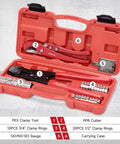 DIY Ready PEX Pipe Clamp Cinching Tool Kit for Stainless Steel Clamps from 3/8" to 1" with carrying case and accessories.