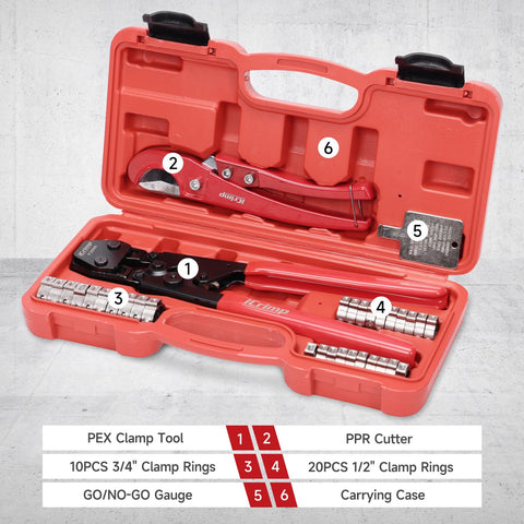 DIY Ready PEX Pipe Clamp Cinching Tool Kit for Stainless Steel Clamps from 3/8" to 1" with carrying case and accessories.