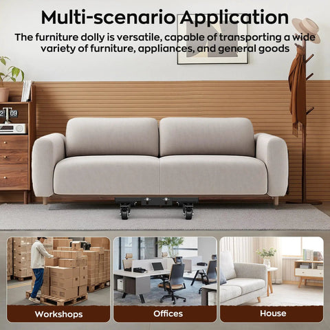 Built Like A Tank Heavy Duty Furniture Dolly With Lift Table Baffles And Locking Brakes Reinforced Steel Moving Cart shown in living room.