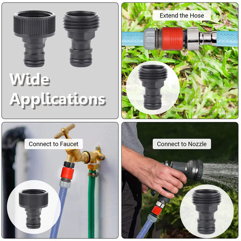 12 Pack 3/4 Inch Garden Hose Quick Connect Fittings Set With Male And Female Adapters For Faucets, Nozzles, and Hoses in Use