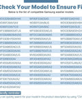 List of compatible Samsung washer models for Washer Suspension Spring DC61-01257N Replacement Part.