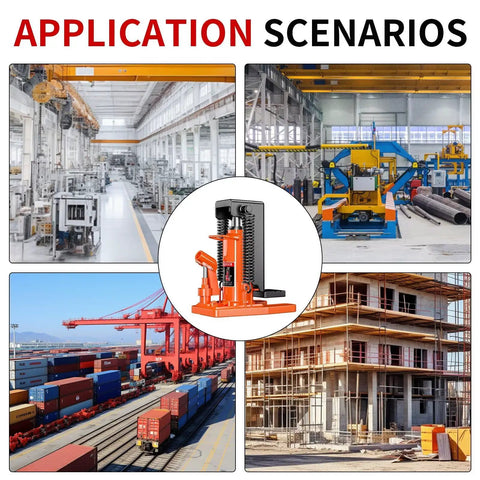 High Capacity Hydraulic Claw Jack Rated For 25 Ton Toe And 50 Ton Top Lift shown in various application scenarios including factories and construction sites.