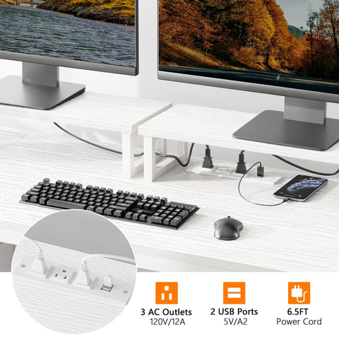 47 Inch Computer Desk With File Cabinet And Built In Power Outlets, USB Chargers, Dual Monitor Stands in use