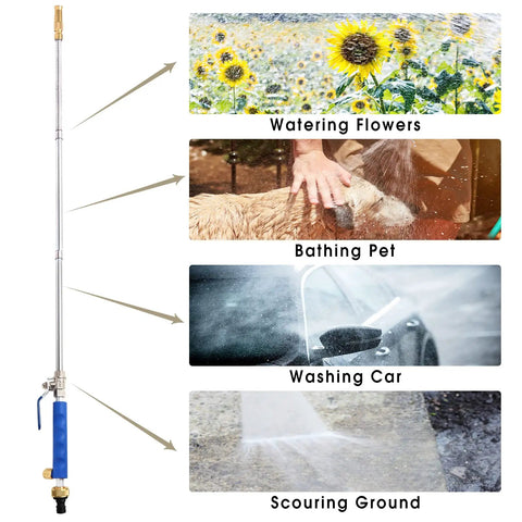 High Pressure Power Washer Wand With Hydro Jet Spray showing uses: watering flowers, bathing pet, washing car, scouring ground.