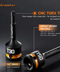Rock Solid Heavy Duty T Forty Impact Torx Socket Set Long Star Bits Half Inch Drive With Epoxy Fill Markings showing T30 and T50 sockets.