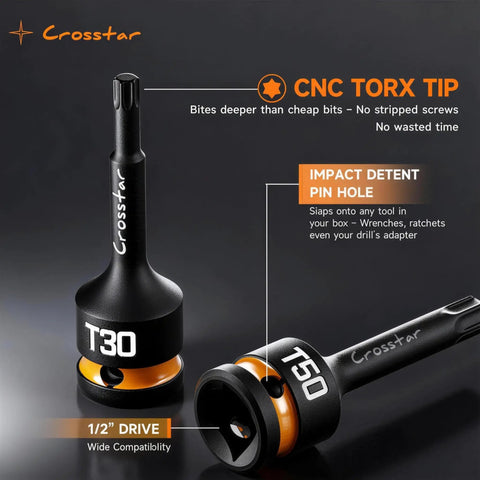 Rock Solid Heavy Duty T Forty Impact Torx Socket Set Long Star Bits Half Inch Drive With Epoxy Fill Markings showing T30 and T50 sockets.
