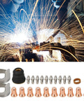 24 Piece IPT40 Plasma Cutter Consumables Kit With Quick Release Electrodes And Nozzles For 55DS Pro And 65DS Cutters, Durable Brass Zinc Alloy Stainless Steel Tips, 24 Pcs Set shown with cutting sparks in background.
