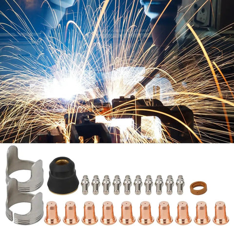24 Piece IPT40 Plasma Cutter Consumables Kit With Quick Release Electrodes And Nozzles For 55DS Pro And 65DS Cutters, Durable Brass Zinc Alloy Stainless Steel Tips, 24 Pcs Set shown with cutting sparks in background.
