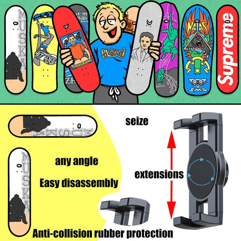 Skateboard Wall Mount 360 Degree Rotatable Floating Display Hanger For Any Skater shown with vibrant skateboard designs.