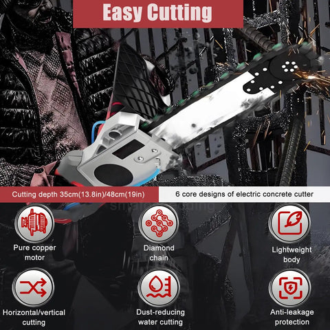 Heavy Duty Electric Concrete Saw Wall Groove Cutter With Dual Diamond Chains And Built In Water Pump 360 Degree Masonry Routing showing detailed cutting features.