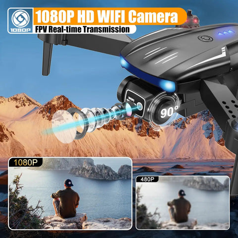 Foldable 1080P Camera Drone For Kids And Adults, One Key Takeoff Landing, gesture selfie, and FPV live video features.