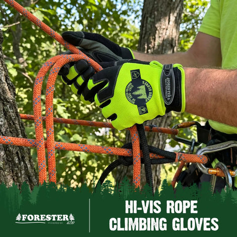 Hi Vis Rope Climbing Gloves For Arborist Work With Anti Slip Grip For Tree Climbing Chainsaw Safety And Rescue Tasks Cut Level 4 Protection Large Size being used by a person handling ropes outdoors.