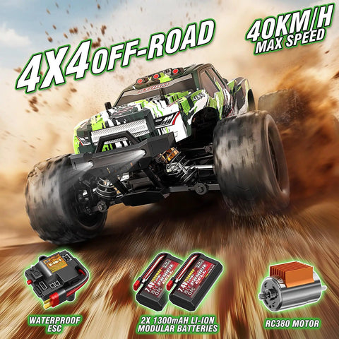 All Terrain RC Car For Adults And Boys The Beast 1:18 Scale 4WD Off Road Remote Control Truck showcasing its 40 KPH speed on dirt.