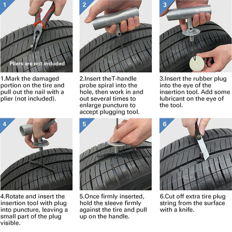 Step-by-step guide using the Universal Tire Repair Kit For Cars Trucks Motorcycles And RVs Heavy Duty Roadside Ready Patch Kit With 36 Pcs Included T Handle Insertion Tools Probes 4 Inch Patches Valve Caps Valve Tool Lubricant And More.