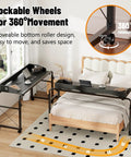 Super Handy Adjustable Laptop Desk For Bed With Wheels Overbed Table in black over queen bed with lockable wheels close-up
