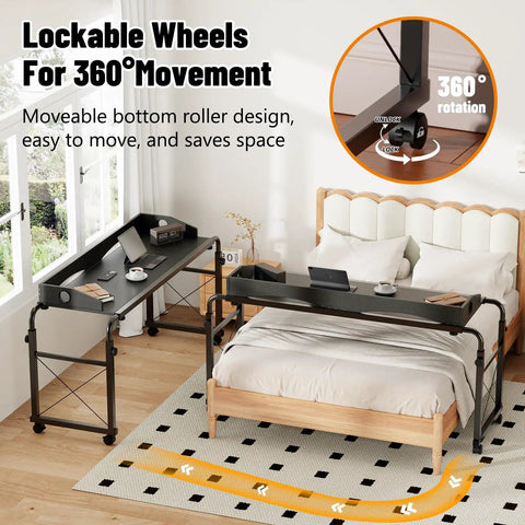 Super Handy Adjustable Laptop Desk For Bed With Wheels Overbed Table in black over queen bed with lockable wheels close-up