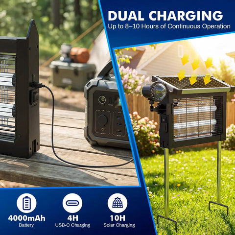 Dual charging 2 In 1 Water Wave Projector And Mosquito Zapper For Outdoors, Cordless 4500V Electric Bug Killer with solar panel.