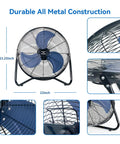 20 Inch High Velocity Industrial Floor Fan With 3 Speed Settings, Heavy Duty Metal Cradle, 360 Degree Tilt, Black and Blue