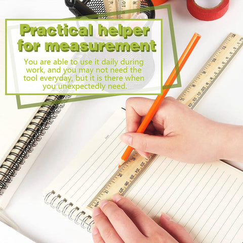 Three Pack 12 Inch Wooden Rulers With Dual Scale Imperial And Metric, Durable Smooth Finish, Sharp Markings, 1 16th Inch Graduations, Handy For Crafts, School, And DIY Woodworking in use on notebook