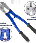 14 Inch Heavy Duty Bolt Cutter Built Tough With Ergonomic Anti Slip Handles For Cutting Locks Chains Wires And Chain Link Fences Made From T8A Steel For High Hardness And Long Lasting Performance with blue handles and adjustment screw.
